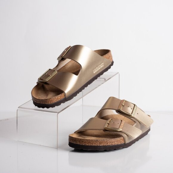 Birkenstock Womens Arizona Sandals Slip On Slides Gold US 6 EU 37 narrow NWB - Picture 1 of 9